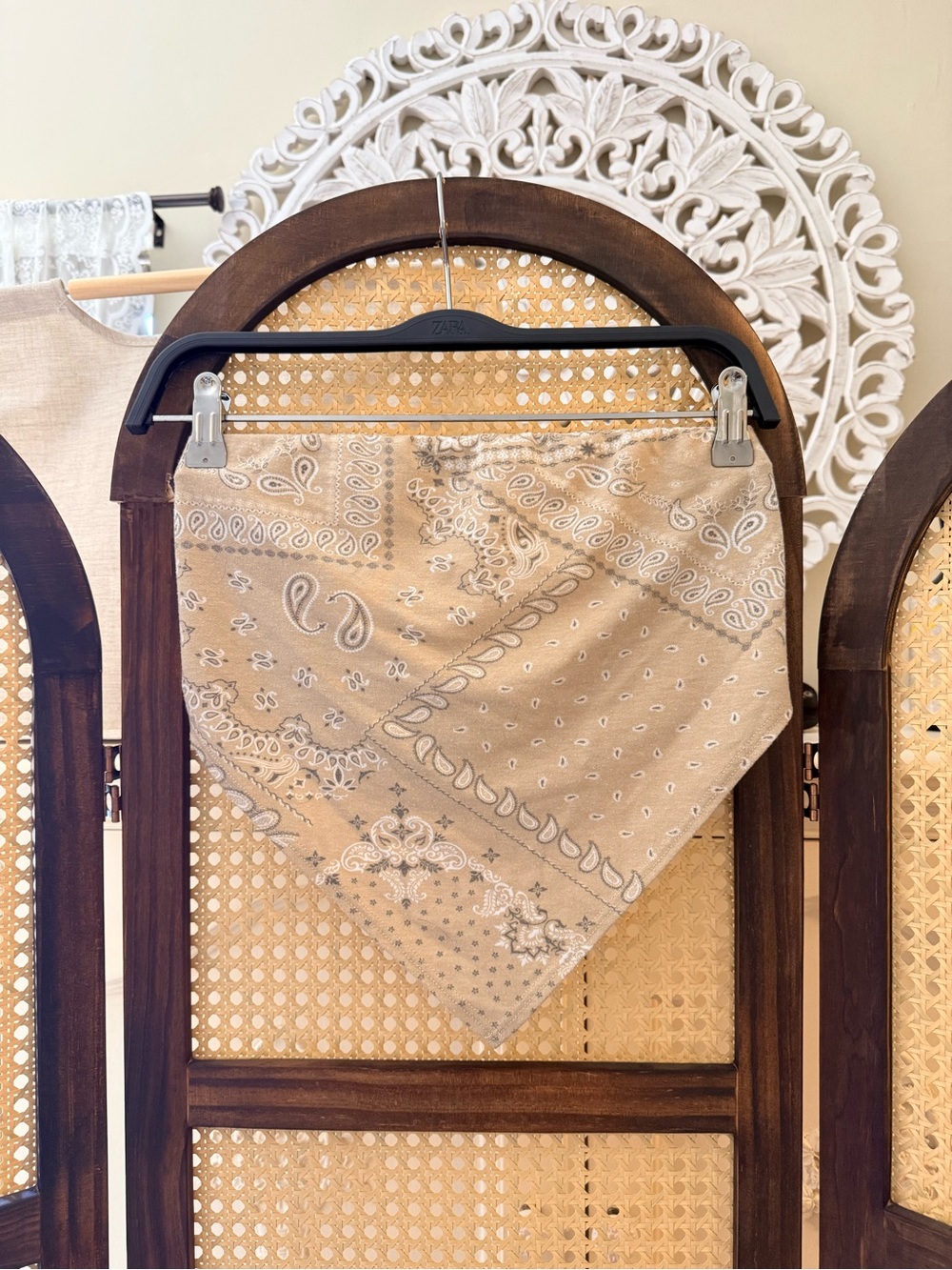 Beige Bandana Scarf with White Paisley Print